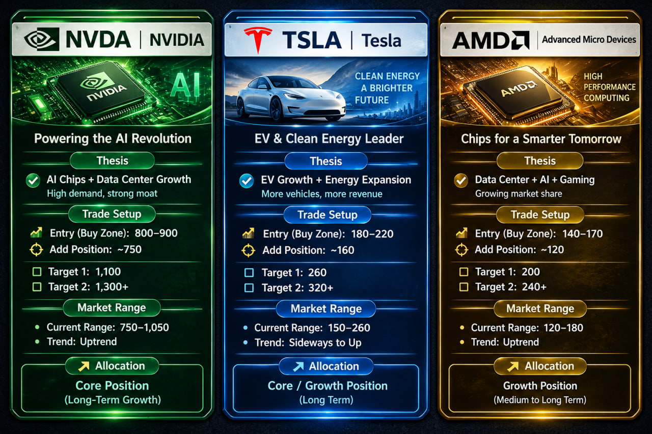 NVDA, TSLA and AMD stock thesis, trade setup, market range and allocation cards